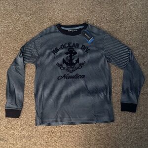 Nautica Men's Black and White Striped Long Sleeve Tee